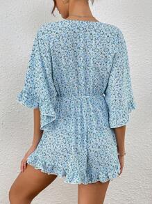 SHEIN VCAY Áo liền quần nữ Cắt ra Xù Viên lá sen Thắt nơ trước Họa tiết hoa Boho - Nhiều màu - Xem 3