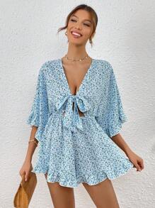 SHEIN VCAY Áo liền quần nữ Cắt ra Xù Viên lá sen Thắt nơ trước Họa tiết hoa Boho - Nhiều màu - Xem 5