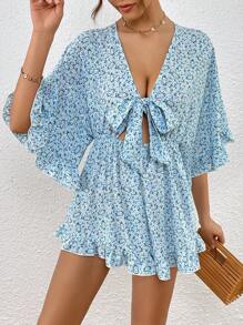 SHEIN VCAY Áo liền quần nữ Cắt ra Xù Viên lá sen Thắt nơ trước Họa tiết hoa Boho - Nhiều màu - Xem 1