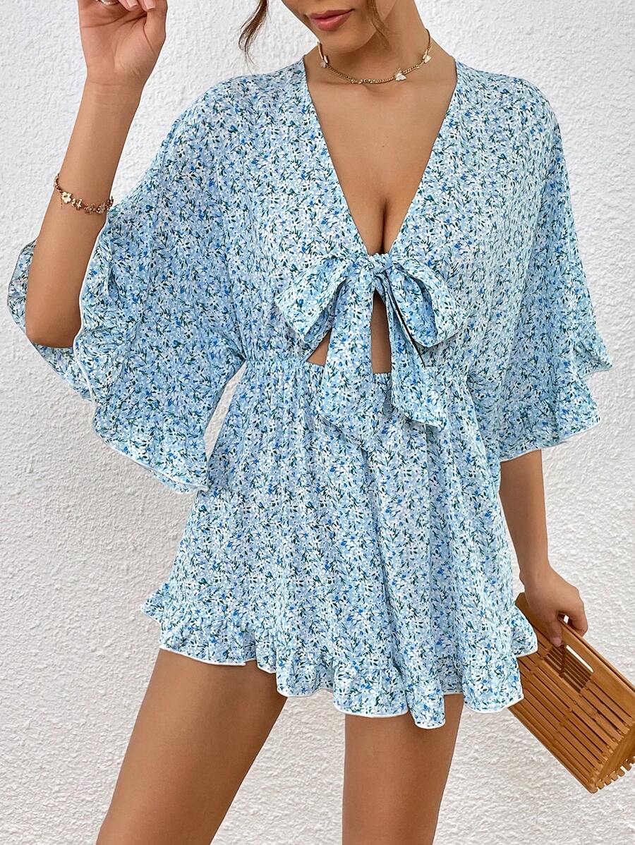 SHEIN VCAY Áo liền quần nữ Cắt ra Xù Viên lá sen Thắt nơ trước Họa tiết hoa Boho - Nhiều màu - Xem 1