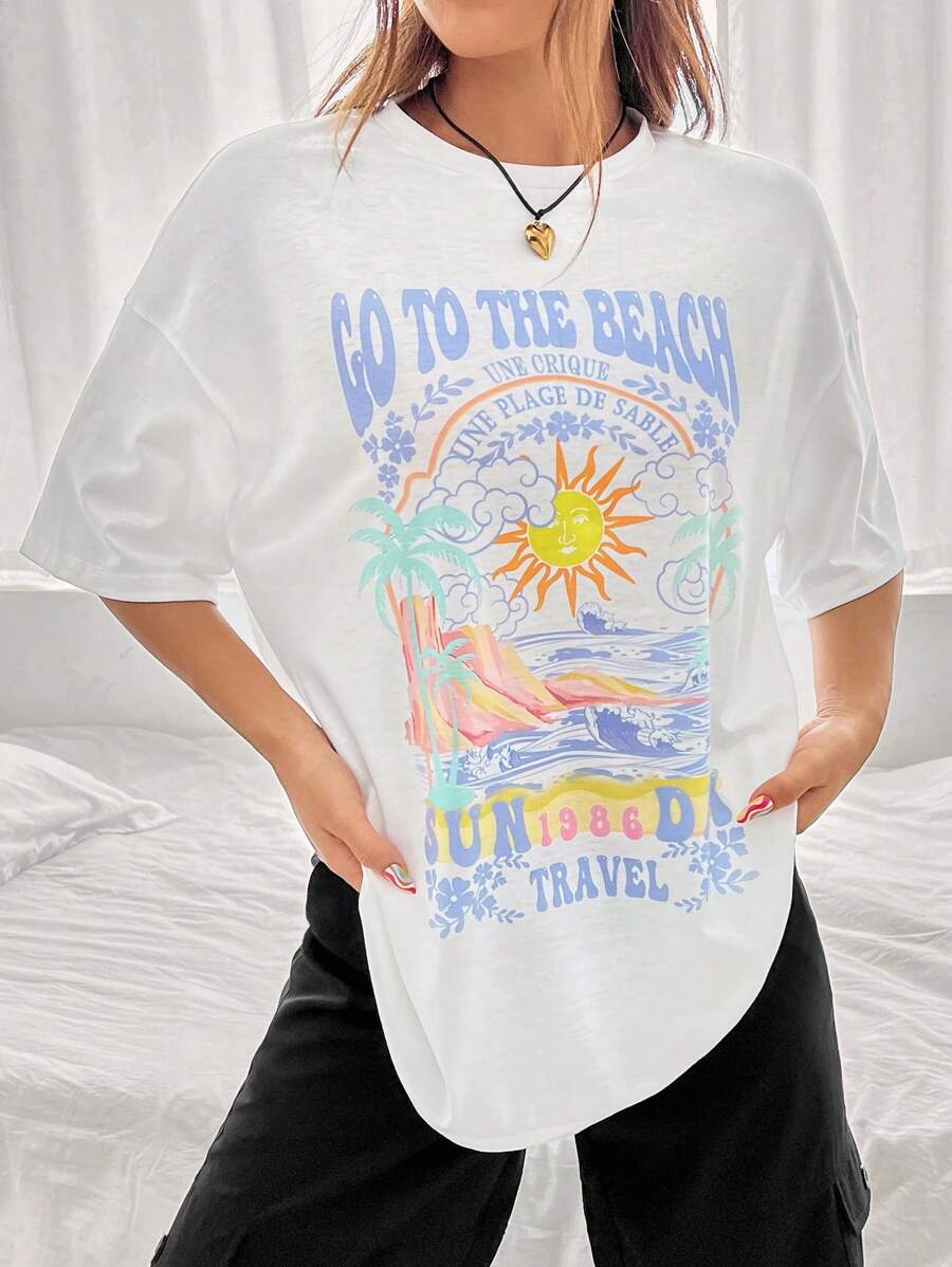 SHEIN EZwear 太陽和字母圖案落肩T恤 - 白色 - 查看 1
