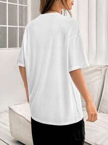 SHEIN EZwear 太陽和字母圖案落肩T恤 - 白色 - 查看 2