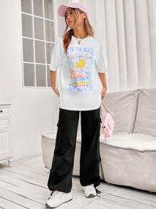 SHEIN EZwear 太陽和字母圖案落肩T恤 - 白色 - 查看 3