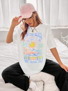 SHEIN EZwear 太陽和字母圖案落肩T恤 - 白色 - 查看 6
