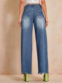 SHEIN BAE Rách Raw Hem quần ống rộng Quần jean - Rửa trung bình - Xem 2