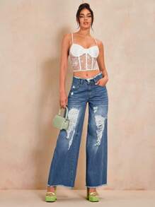 SHEIN BAE Rách Raw Hem quần ống rộng Quần jean - Rửa trung bình - Xem 4