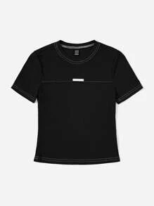 SHEIN EZwear Áo thun nữ Gân đan màu trơn Giải trí - màu đen - Xem 3