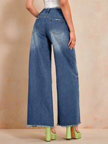 SHEIN BAE Rách Raw Hem quần ống rộng Quần jean - Rửa trung bình - Xem 5