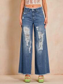 SHEIN BAE Rách Raw Hem quần ống rộng Quần jean - Rửa trung bình - Xem 6