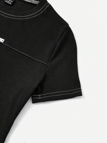 SHEIN EZwear Áo thun nữ Gân đan màu trơn Giải trí - màu đen - Xem 5