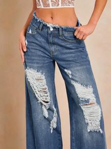 SHEIN BAE Rách Raw Hem quần ống rộng Quần jean - Rửa trung bình - Xem 7