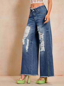 SHEIN BAE Rách Raw Hem quần ống rộng Quần jean - Rửa trung bình - Xem 8