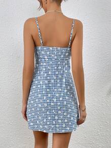 SHEIN VCAY 雙色格子&印花下擺開叉吊帶連衣裙 - 彩色 - 查看 2