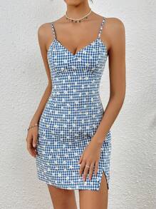 SHEIN VCAY 雙色格子&印花下擺開叉吊帶連衣裙 - 彩色 - 查看 5