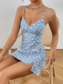 SHEIN VCAY 雙色格子&印花下擺開叉吊帶連衣裙 - 彩色 - 查看 1