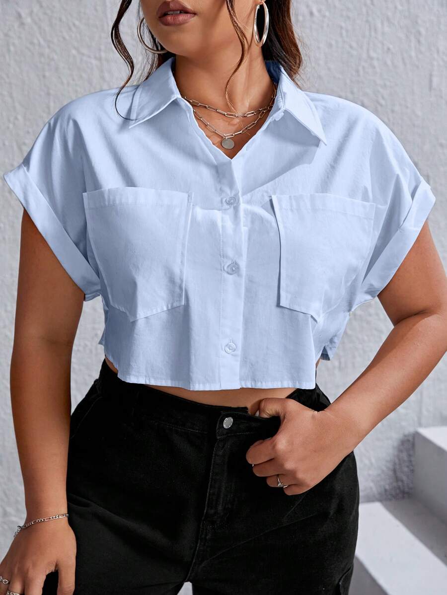 SHEIN EZwear Plus Dual Pocket Batwing Sleeve Crop Shirt - Baby Blue - View 1