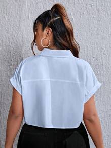 SHEIN EZwear Plus Dual Pocket Batwing Sleeve Crop Shirt - Baby Blue - View 2