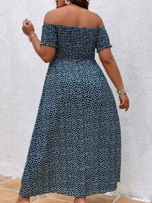 SHEIN VCAY Plus Ditsy Floral Off Shoulder Split Thigh Dress - Blue and White - View 2