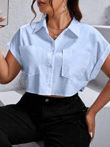 SHEIN EZwear Plus Dual Pocket Batwing Sleeve Crop Shirt - Baby Blue - View 3