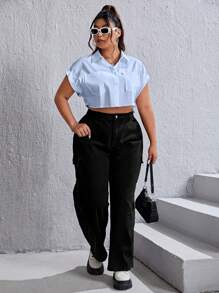 SHEIN EZwear Plus Dual Pocket Batwing Sleeve Crop Shirt - Baby Blue - View 4