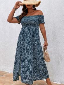 SHEIN VCAY Plus Ditsy Floral Off Shoulder Split Thigh Dress - Blue and White - View 4