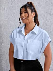 SHEIN EZwear Plus Dual Pocket Batwing Sleeve Crop Shirt - Baby Blue - View 5