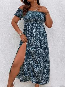 SHEIN VCAY Plus Ditsy Floral Off Shoulder Split Thigh Dress - Blue and White - View 5