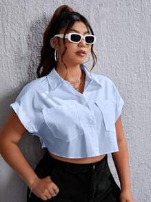 SHEIN EZwear Plus Dual Pocket Batwing Sleeve Crop Shirt - Baby Blue - View 6