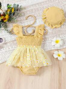 SHEIN 女嬰印花荷葉邊網紗覆蓋連身背心&配件帽 - 杏色 - 查看 1