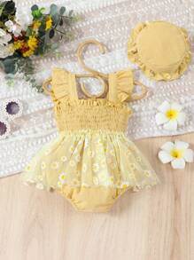 SHEIN 女嬰印花荷葉邊網紗覆蓋連身背心&配件帽 - 杏色 - 查看 2