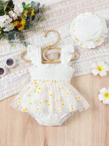 SHEIN Vintaside Kids Bebé niña con estampado floral ribete con fruncido de malla en contraste Body & Accesorio Sombrero - Blanco - Ver 1