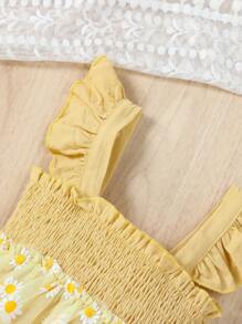 SHEIN 女嬰印花荷葉邊網紗覆蓋連身背心&配件帽 - 杏色 - 查看 4