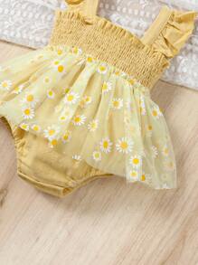 SHEIN 女嬰印花荷葉邊網紗覆蓋連身背心&配件帽 - 杏色 - 查看 5