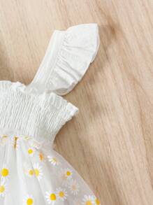 SHEIN Vintaside Kids Bebé niña con estampado floral ribete con fruncido de malla en contraste Body & Accesorio Sombrero - Blanco - Ver 4