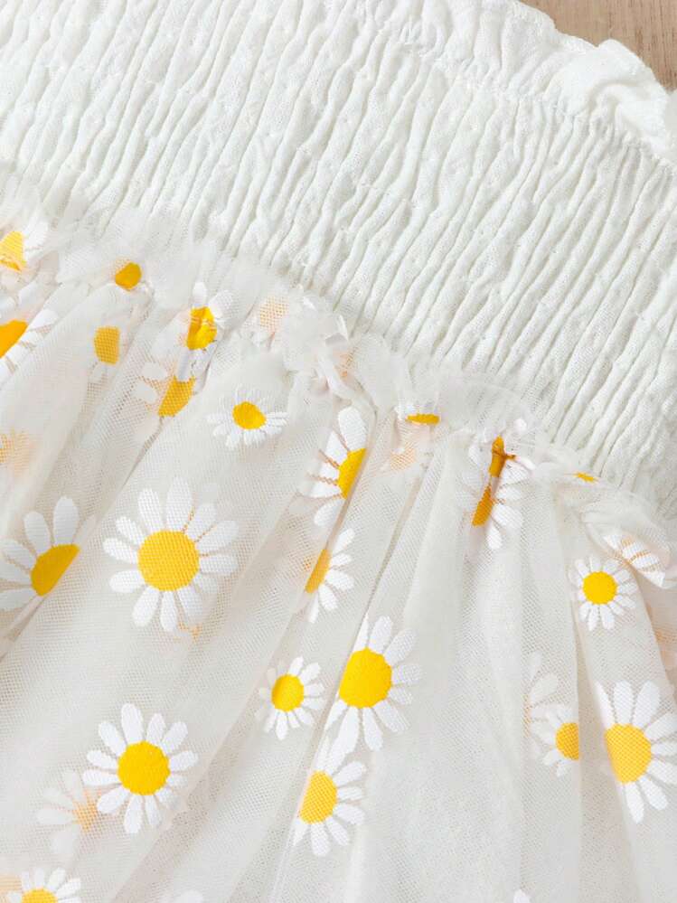 SHEIN Vintaside Kids Bebé niña con estampado floral ribete con fruncido de malla en contraste Body & Accesorio Sombrero - Blanco - Añade 7