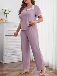 加大对比色蕾丝前扣睡衣套装/睡衣套装 - 淺灰紫 - 查看 3