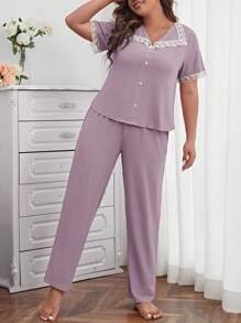 加大对比色蕾丝前扣睡衣套装/睡衣套装 - 淺灰紫 - 查看 4