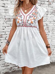 SHEIN VCAY Đầm Xù Thêu Hoa Dễ thương - trắng - Xem 4