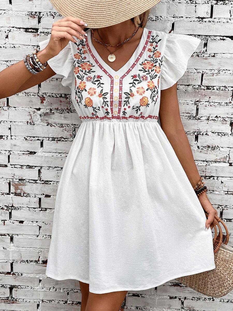 SHEIN VCAY Đầm Xù Thêu Hoa Dễ thương - trắng - Xem 1