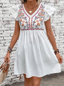 SHEIN VCAY Đầm Xù Thêu Hoa Dễ thương - trắng - Xem 7