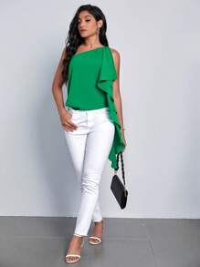 SHEIN Clasi Áo sơ mi nữ Bất đối xứng Vắt màu trơn Giải trí - màu xanh lá - Xem 3