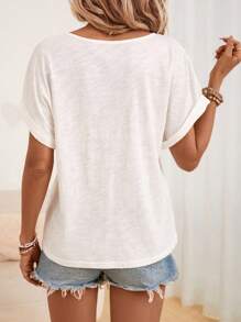 SHEIN LUNE Notched Neck Batwing Sleeve Tee - White - View 2