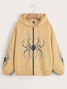 SHEIN EZwear Plus Spider Web Print Drop Shoulder Zip Up Hoodie - Khaki - View 1