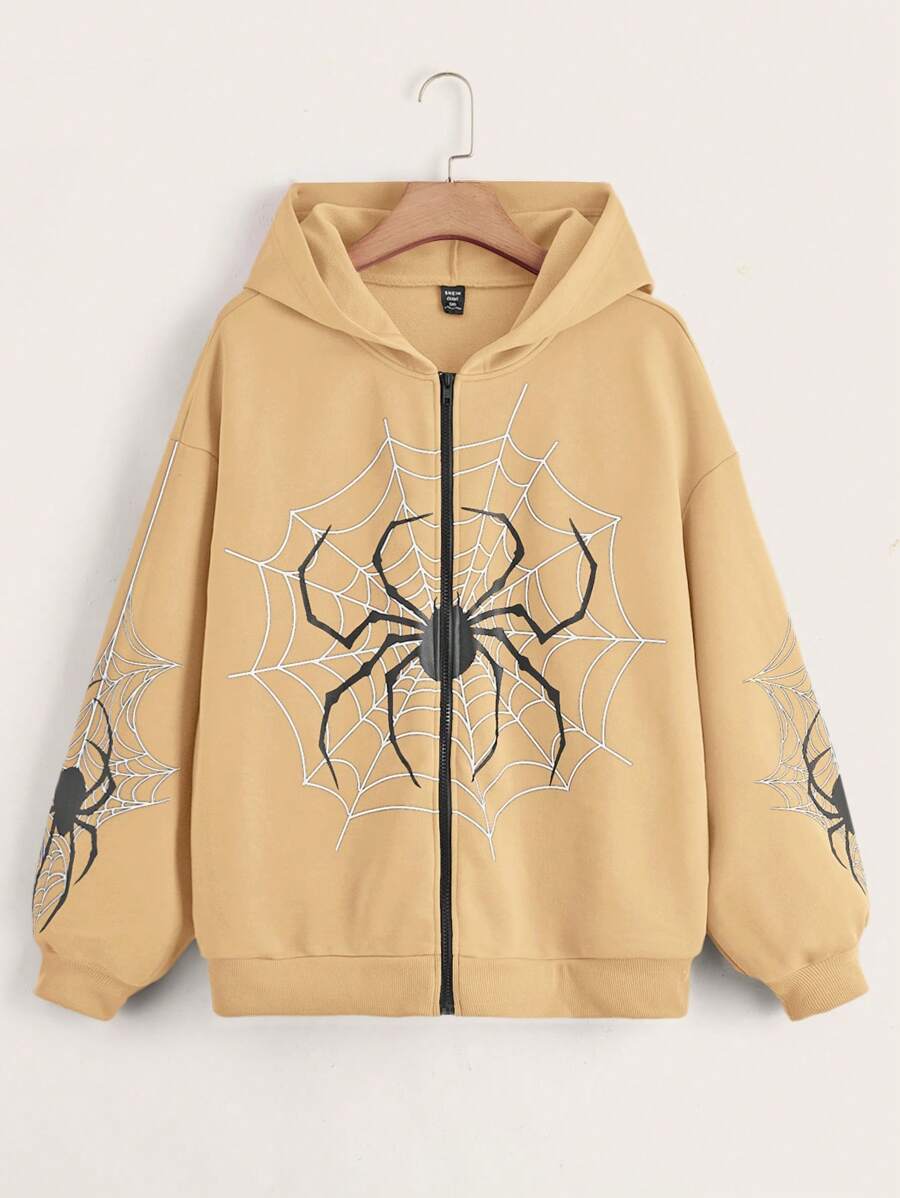 SHEIN EZwear Plus Spider Web Print Drop Shoulder Zip Up Hoodie - Khaki - View 1