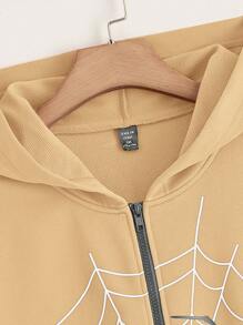 SHEIN EZwear Plus Spider Web Print Drop Shoulder Zip Up Hoodie - Khaki - View 3