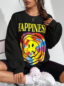 SHEIN EZwear 字母和卡通圖案落肩袖運動衫 - 黑色 - 查看 1