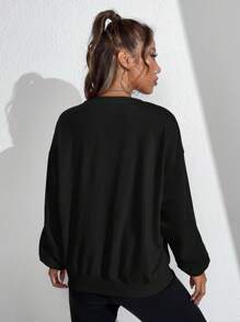 SHEIN EZwear 字母和卡通圖案落肩袖運動衫 - 黑色 - 查看 2