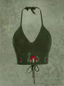 ROMWE Fairycore Mushroom Embroidery Tie Backless Halter Knit Top - Army Green - View 1