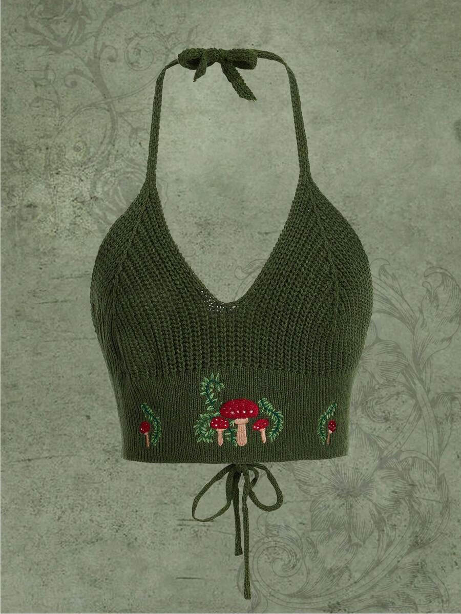 ROMWE Fairycore Mushroom Embroidery Tie Backless Halter Knit Top - Army Green - View 1