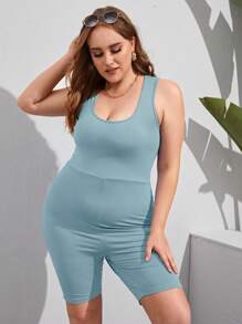 SHEIN BASICS Jumpsuits Plus Size màu trơn Giải trí - Màu xanh bạc hà - Xem 3